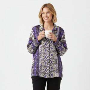 Oscar De La Renta Blue & White Print Button Close Long Sleeve Pajama PJ Top L